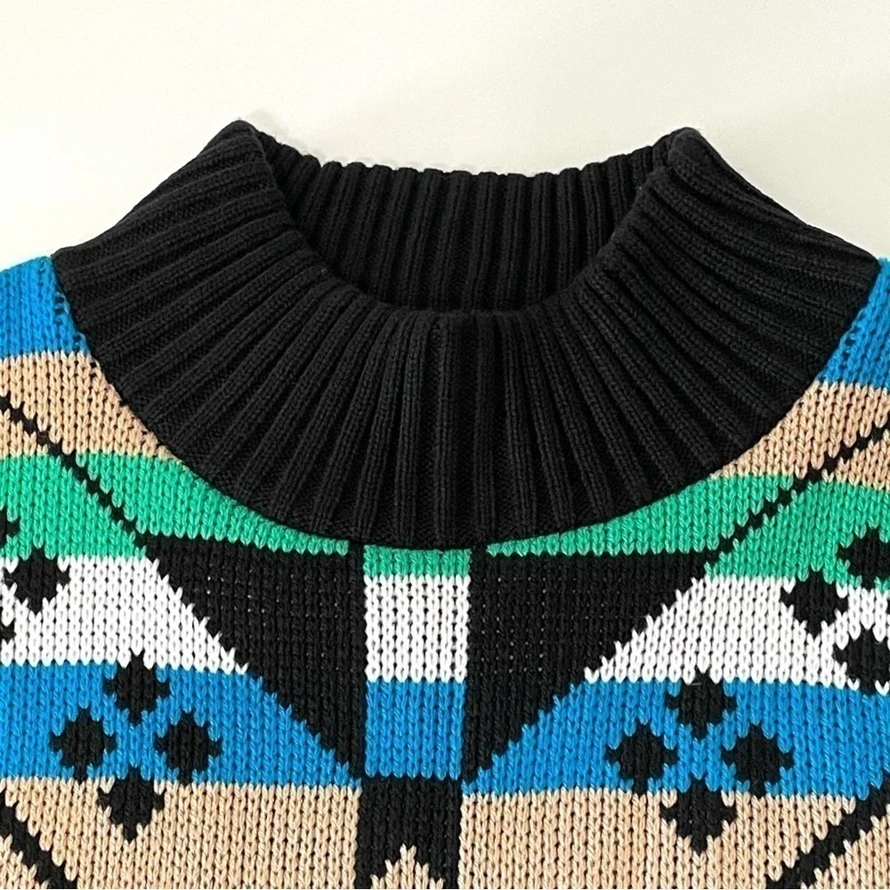 Vintage 90s Mock Neck Patterned Knit Pullover Sweater Black Multicolor Medium